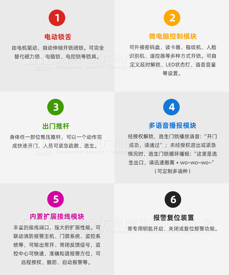 电动逃生门锁6大功能：电动锁舌、微电脑控制、出门推杆、语音报警、扩展接线、报警复位